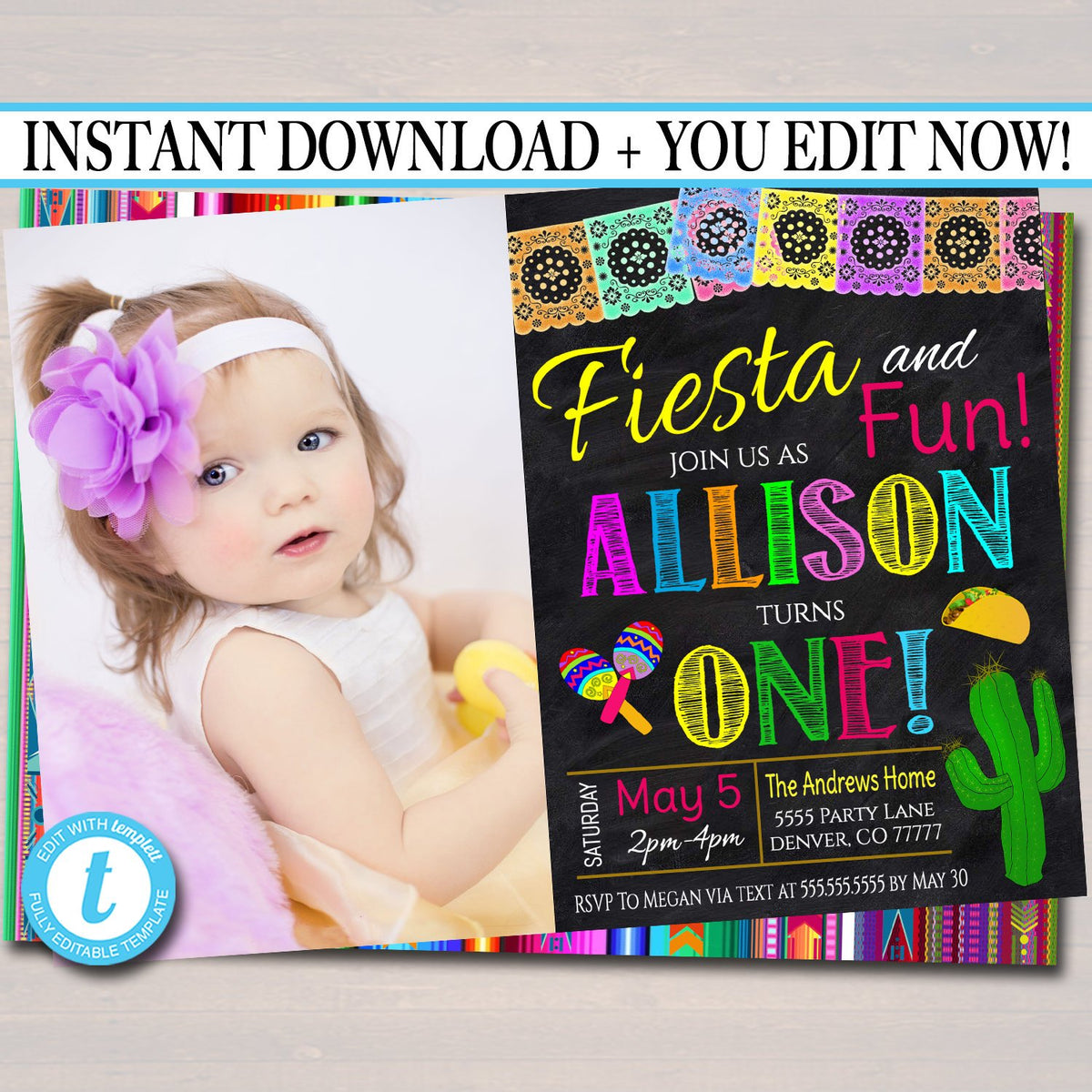 Fiesta and Fun First Birthday Invitation, Chalkboard Printable Kid's F ...