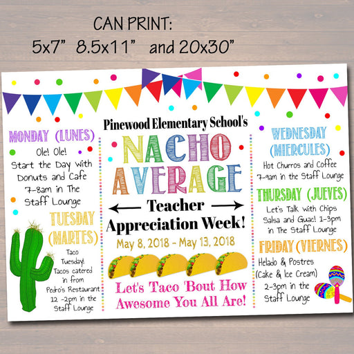 EDITABLE Nacho Average Teacher Appreciation Week Itinerary Poster, Fiesta Theme Appreciation Week Schedule Events INSTANT DOWNLOAD Printable