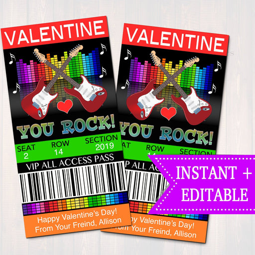 EDITABLE You Rock Valentine's Day Ticket, Staff Teacher Friend, Classroom Pop Rocks Printable Card Valentine Candy Ring Tag INSTANT DOWNLOAD