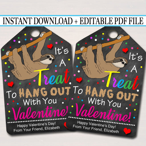 EDITABLE Sloth Valentine's Day Gift Tags, Classmate Friend, Kids Classroom Printable, Hang Out With You Valentine Treat Tag INSTANT DOWNLOAD