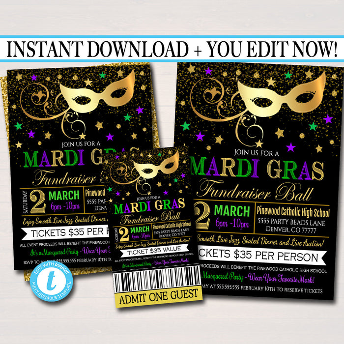 Mardi Gras Fundraiser Set, Flyer Invitation Ticket Masquerade Ball Formal, Catholic Church School Benefit, Pto Pta