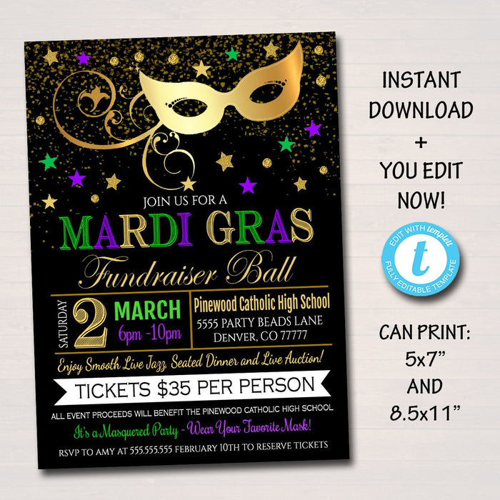 Mardi Gras Invitation Flyer, Masquerade Ball Formal Invite, Catholic Church School Benefit, Auction Event Pto Pta