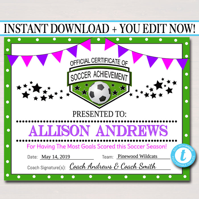 EDITABLE Soccer Award Certificates, INSTANT DOWNLOAD, Team Soccer Awards, Soccer Party Printable, Sportsmanship Awards, Sports Certificates