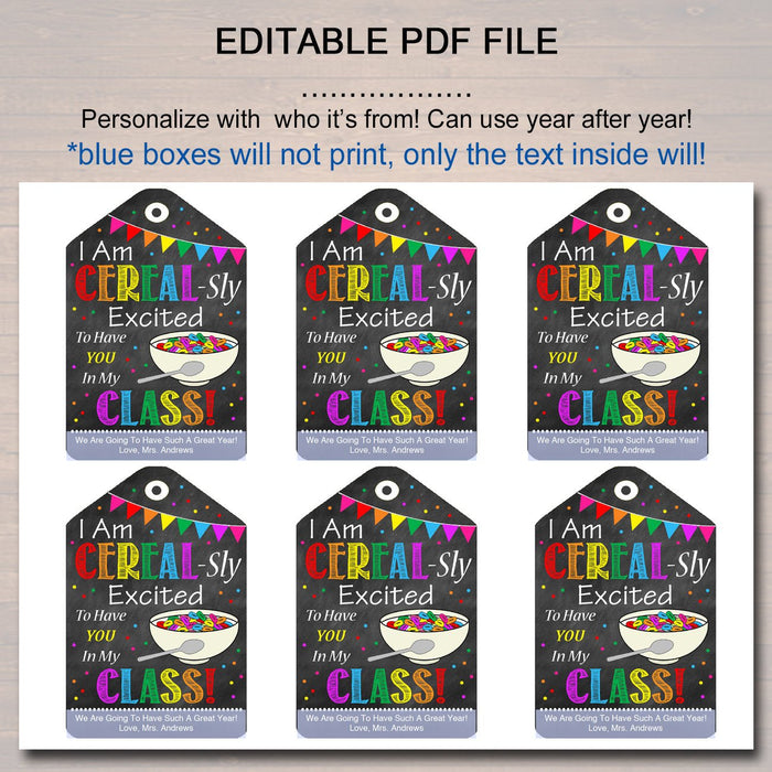Cereal Classroom Printable Gift Tags "I'm Cereal-sly Excited You're In My Class"