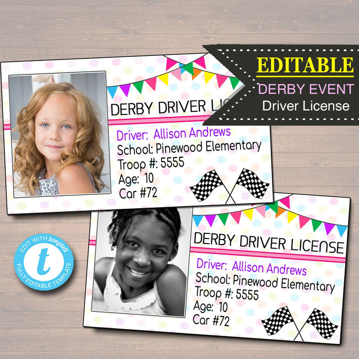 EDITABLE Derby Driver License INSTANT Download Scout Activity, Girl License Printable, Race Like a Girl, Pinewood Derby, Powder Puff Derby