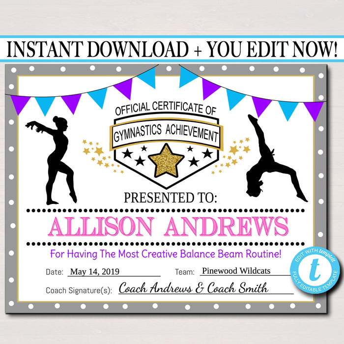 Gymnastics Certificates,  Gymnastics Team Awards, Gymnastics Party Printable, Printable Gymnast Certificate Awards