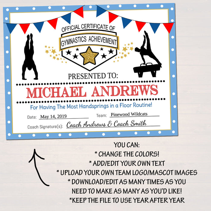 Gymnastics Certificates,  Gymnastics Team Awards, Gymnastics Party Printable, Printable Gymnast Certificate Awards