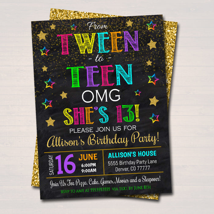 EDITABLE Tween To Teen 13th Birthday Party Invitation, Omg! 13th Birthday Girl Tween Invite, Birthday Digital Sleepover, INSTANT DOWNLOAD
