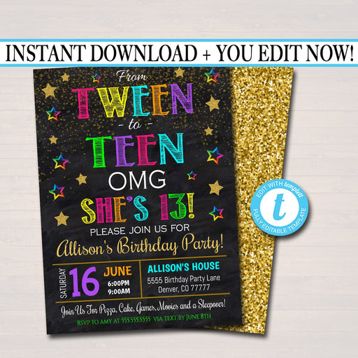 EDITABLE Tween To Teen 13th Birthday Party Invitation, Omg! 13th Birthday Girl Tween Invite, Birthday Digital Sleepover, INSTANT DOWNLOAD