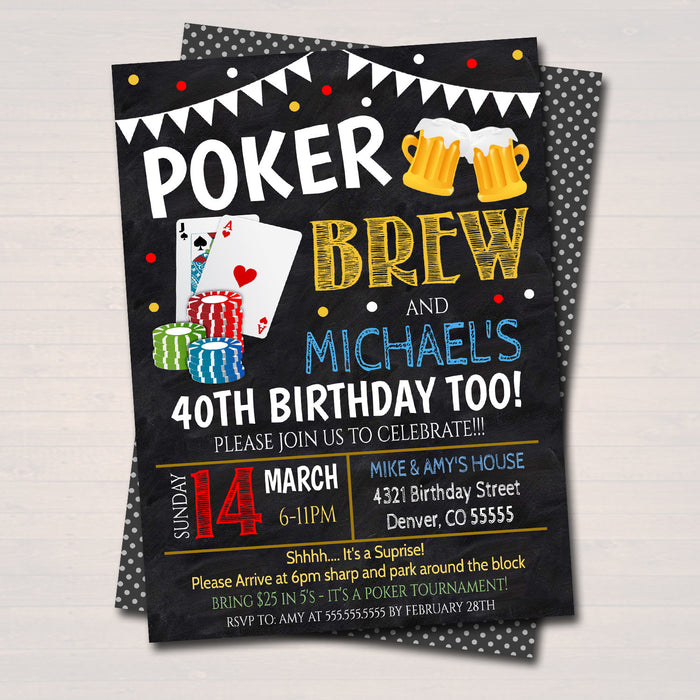Poker and Beer Birhtday Party Invitation, Any Age Chalkboard Printable Card Games, Gambling Casino Party Invite