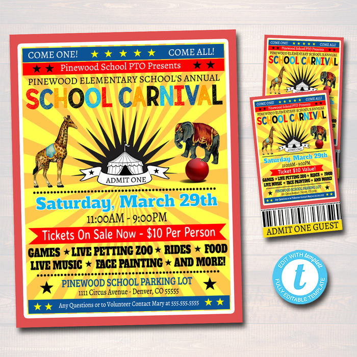 Carnival / Circus Party Flyer and Ticket Set - Editable