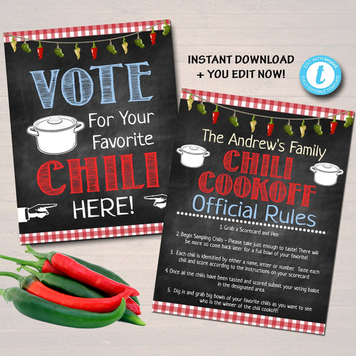 EDITABLE Chili Cookoff Voting Party Signs Picnic Decor BBQ Printable Chili Dish Official Rules Sign, Potluck Company Party Fundraising Event