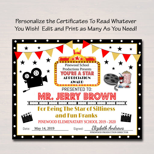EDITABLE Appreciation Hollywood Award Certificates, Movie Vip Personalized Printable Awards, Cinema Movie Teacher Party, INSTANT DOWNLOAD