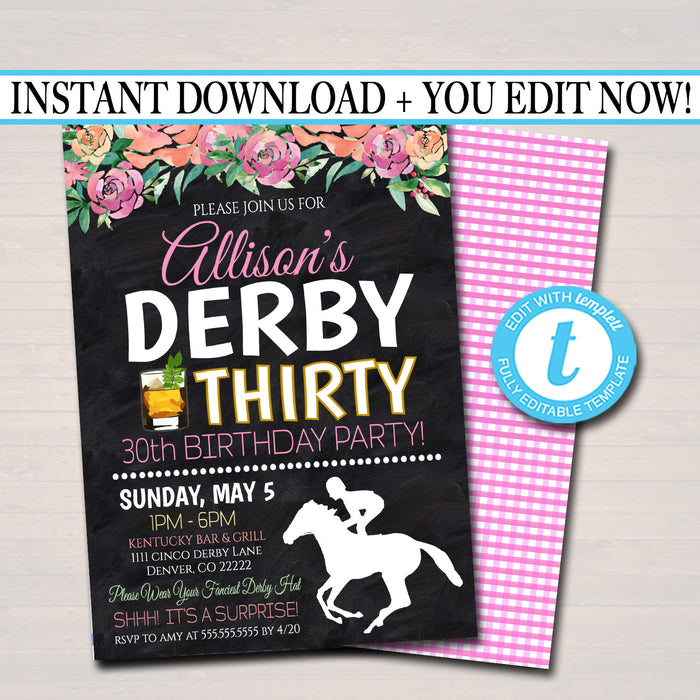 Derby Thirty Printable Birthday Invitation, Derby Day Party Invite, Woman's Thirtieth Birthday, 30th Derby Party,