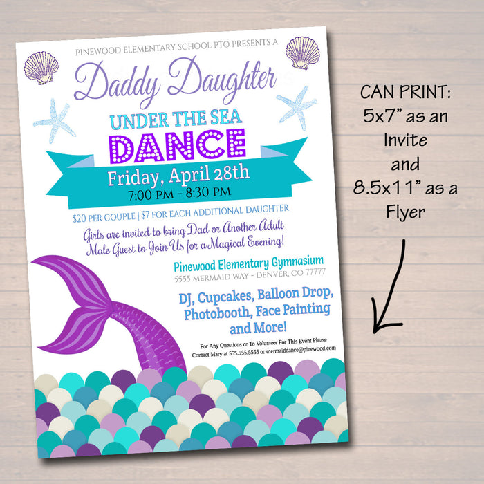 Daddy Daughter Under The Sea Themed Dance, School Mermaid Dance Flyer Party Invite Church Community Event pto pta,
