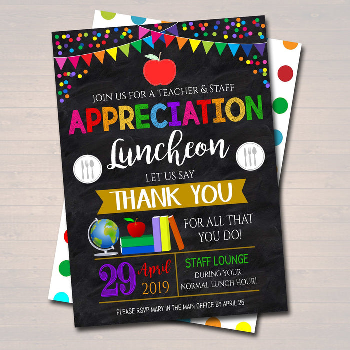 Teacher Appreciation Staff Luncheon Invitation, Thank You Printable,