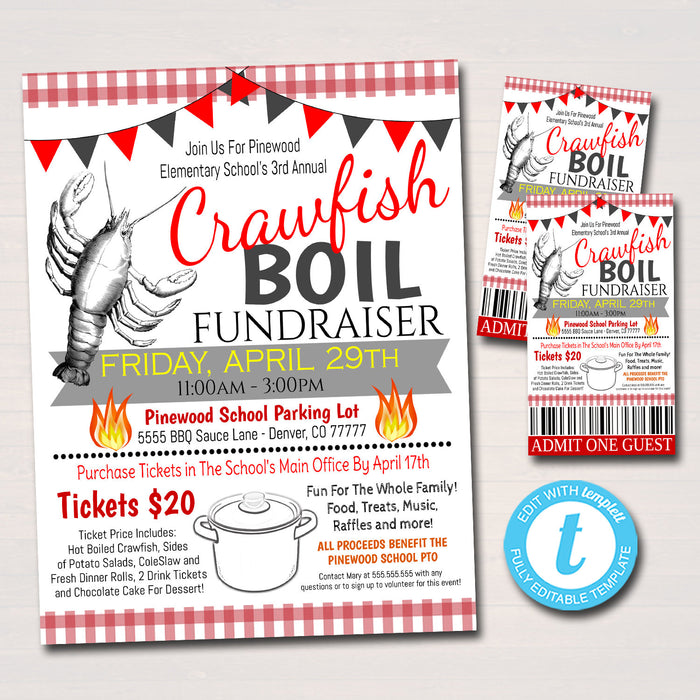 Crawfish Boil Fundraiser Flyer Ticket Poster Set - Editable