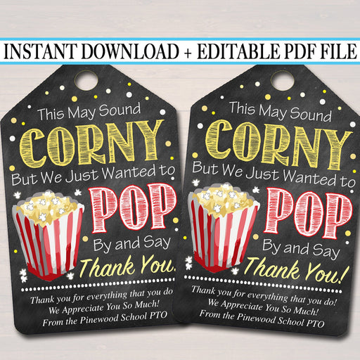 EDITABLE Popcorn Thank You Tags, Teacher Appreciation, Treat Tag INSTANT DOWNLOAD Printable Chalkboard Tags, Volunteer Staff Thank You Label