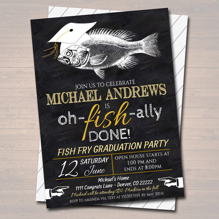Fish Fry Graduation Invitation Chalkboard Printable  College Grad Invite, Guy Man Senior Grad Party Grill & Chill BBQ Invite