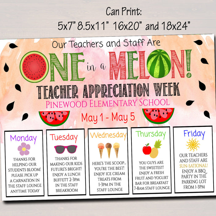 EDITABLE Teacher Appreciation Week Itinerary Poster, Summer One in a Melon Theme Schedule of Events, INSTANT DOWNLOAD, Fundraiser Printables