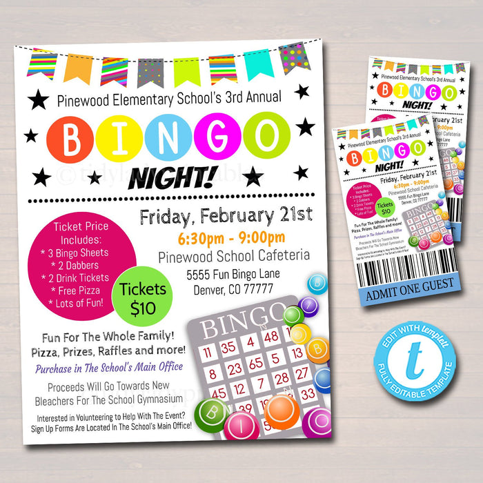 Bingo Night Printable Flyer Set With Ticket - Editable