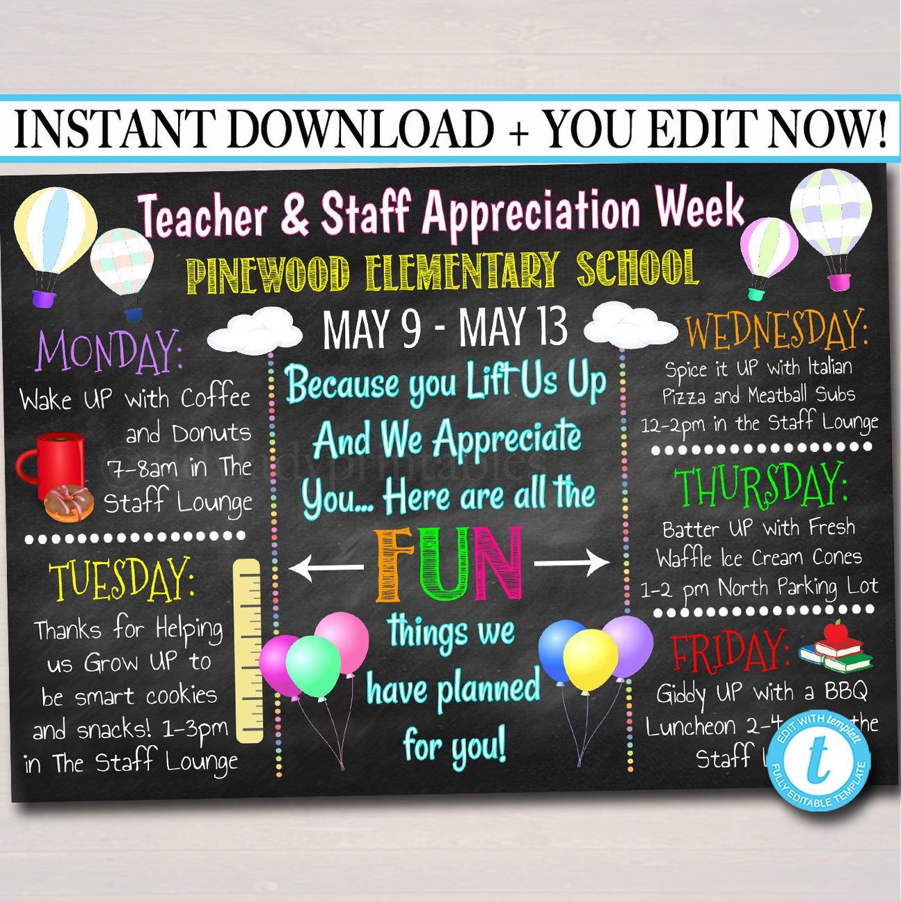 Lift Us Up Theme Teacher Appreciation Week Events Printable — TidyLady ...