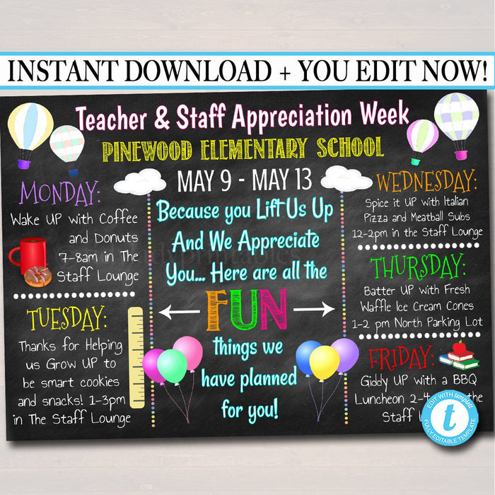 EDITABLE Teacher Appreciation Week Itinerary Poster, Digital File, Appreciation Week Schedule Events, INSTANT DOWNLOAD Fundraiser Printables