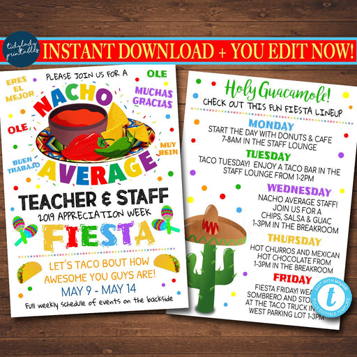 EDITABLE Nacho Average Teacher Appreciation Week Itinerary Invite, Fiesta Theme Appreciation Week Schedule Events INSTANT DOWNLOAD Printable