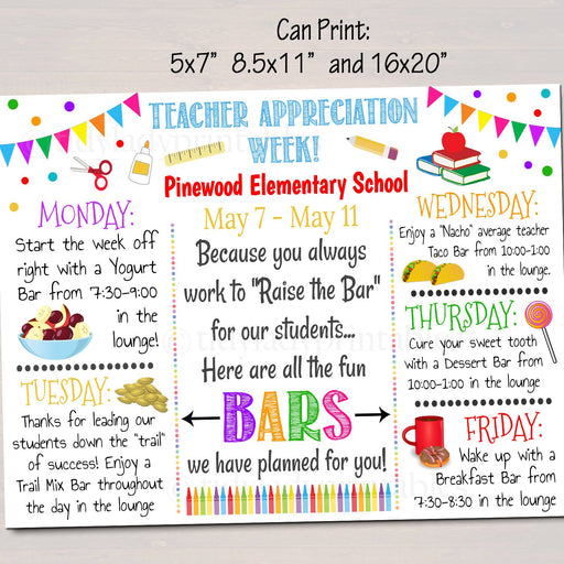 EDITABLE Teacher Appreciation Week Itinerary Poster, Digital File, Appreciation Week Schedule Events, INSTANT DOWNLOAD Fundraiser Printables