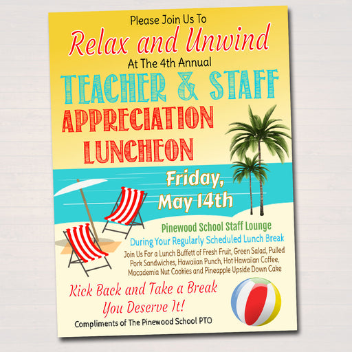 EDITABLE Teacher Appreciation Staff Invitation, Beach Hawaiian Luau Theme, Printable Appreciation Week, Luncheon Breakfast Flyer PRINTABLE