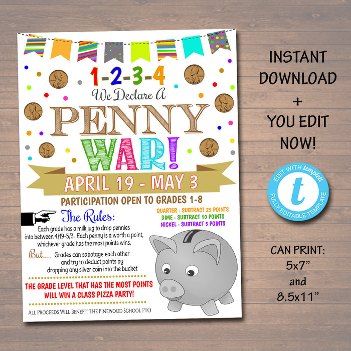 Penny War Fundraiser Event Flyer - Editable Template