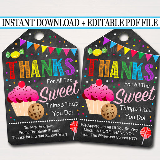 Printable Thank You Favor Tags, Appreciation Week Labels Printable INSTANT + EDITABLE Sweet Gift Candy Cookie Treat Tag, Candy Sweet Theme