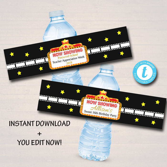 Movie Party Water Bottle Labels & VIP Hollywood Party Water Bottle Labels, Birthday Cinema Printable Decor, Red Carpet Theme Party