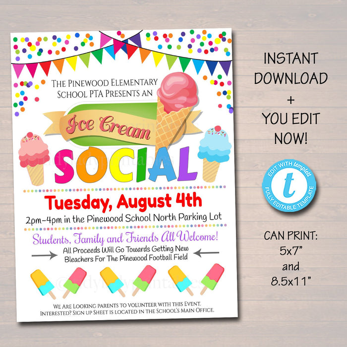Ice Cream Social Event Invite  - Editable Template
