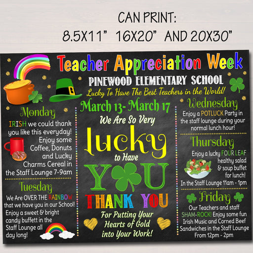 EDITABLE St. Patricks Day Teacher Appreciation Week Itinerary Poster Lucky Theme Appreciation Week Schedule Event INSTANT DOWNLOAD Printable