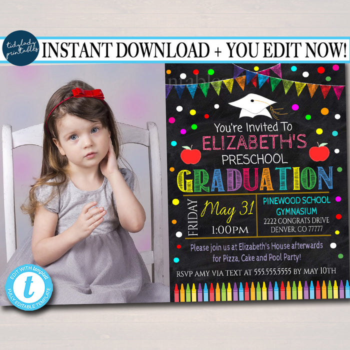 Graduation Invitation Chalkboard Printable Kindergarten Preschool Pre K Graduate School Graduation Ceremony Invite