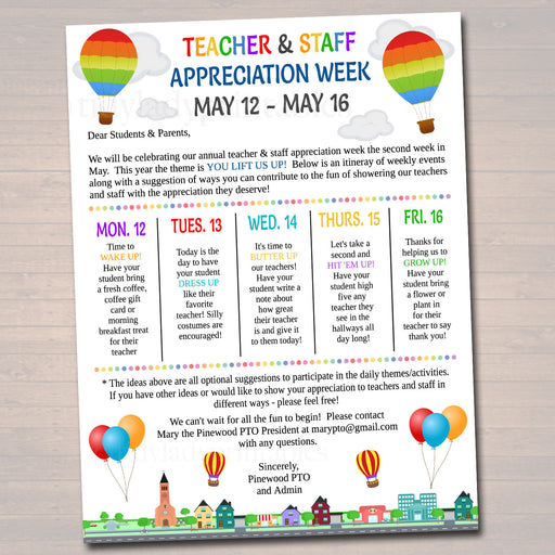 Editable Up Theme Teacher Appreciation Staff Invitation Newsletter, Printable Appreciation Week of Events, Take Home Flyer, INSTANT DOWNLOAD