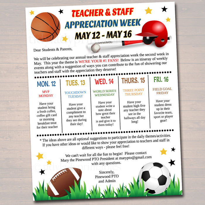 Editable Sports Theme Teacher Appreciation Staff Invitation Newsletter, Printable Appreciation Week Events, Take Home Flyer INSTANT DOWNLOAD