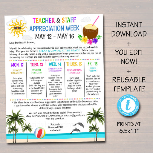 Editable Beach Theme Teacher Appreciation Staff Invitation Newsletter, Printable Appreciation Week Events, Take Home Flyer, INSTANT DOWNLOAD
