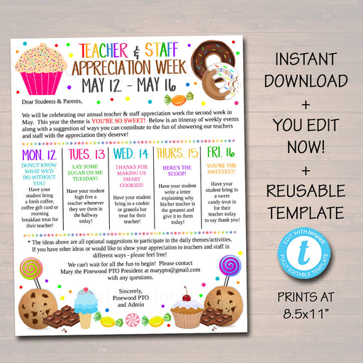 Editable Sweet Candy Theme Teacher Appreciation Invitation Newsletter, Printable Appreciation Week Events, Take Home Flyer, INSTANT DOWNLOAD