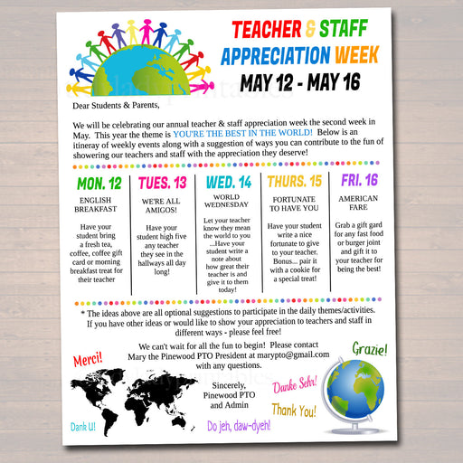 Editable World Theme Teacher Appreciation Staff Invitation Newsletter, Printable Appreciation Week Events, Take Home Flyer, INSTANT DOWNLOAD