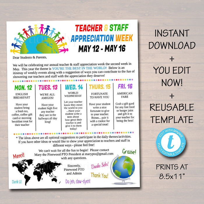 Editable World Theme Teacher Appreciation Staff Invitation Newsletter, Printable Appreciation Week Events, Take Home Flyer, INSTANT DOWNLOAD