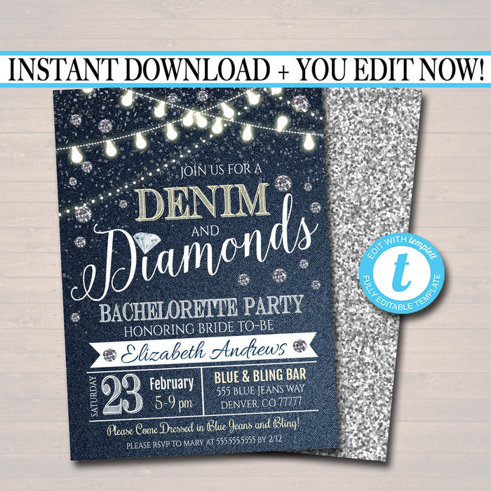 EDITABLE Denim and Diamonds Bachelorette Party Invitation, Bridal Shower Wedding Digital Invite, Ladies Night Country Party INSTANT DOWNLOAD