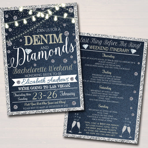 EDITABLE Denim and Diamonds Bachelorette Party Invitation, Bridal Shower Wedding, Ladies Weekend Country Itinerary Party INSTANT DOWNLOAD
