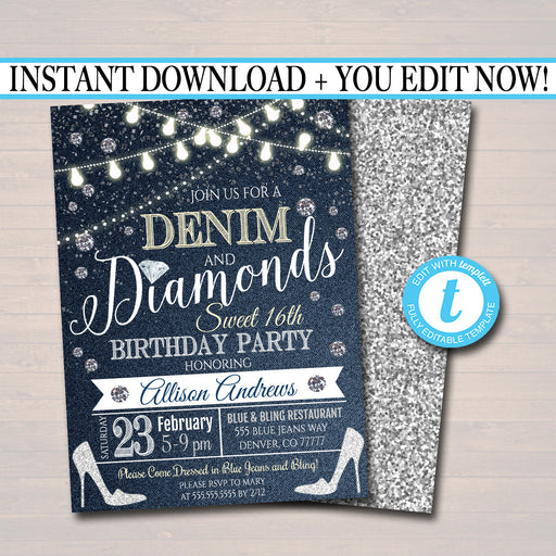 EDITABLE ANY AGE Denim and Diamonds Birthday Party Invitation, Suprise Party Digital Invite, Ladies Night Country Party, Instant Download