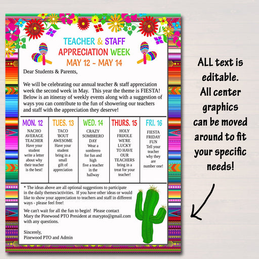 Editable Fiesta Teacher Appreciation Staff Invitation Newsletter, Printable Appreciation Week of Events, Take Home Flyer, INSTANT DOWNLOAD