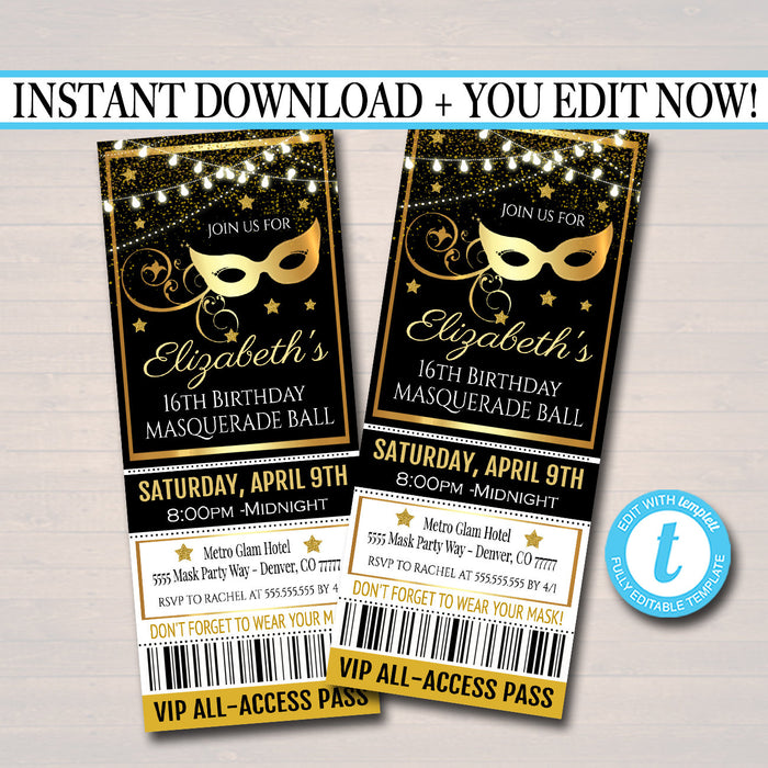 Masquerade Ball Ticket Invitation, Birthday Party Invite Glam Formal Prom  Invite, Red Carpet Party Invite
