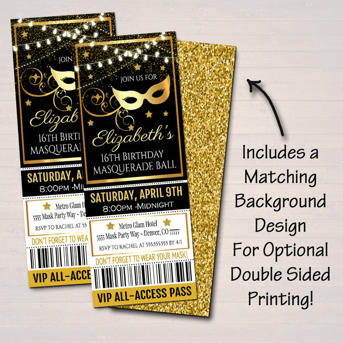 Masquerade Ball Ticket Invitation, Birthday Party Invite Glam Formal Prom  Invite, Red Carpet Party Invite