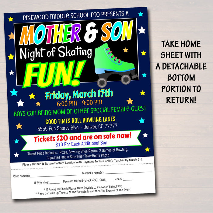 Mother &  Son School Skate Night Flyer Invite Set - Editable Template