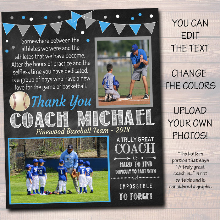 Baseball Coach Gift, Coach Award, Softball Team Gift, End of Season Baseball Party, Custom Best Coach Gift Softball Photo Printable